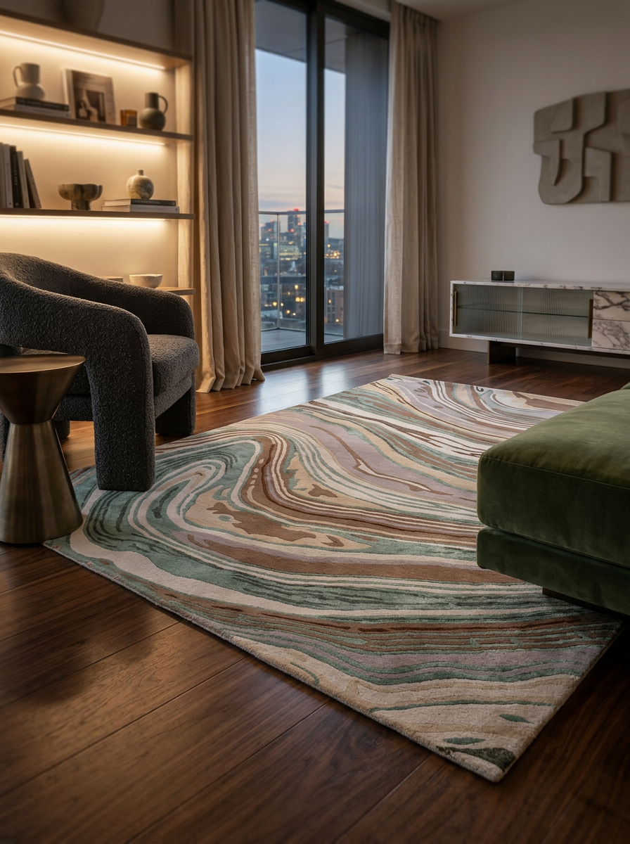 Marbel Hand Tufted Viscose + New Zealand Wool Rugs in Teal/Beige Color