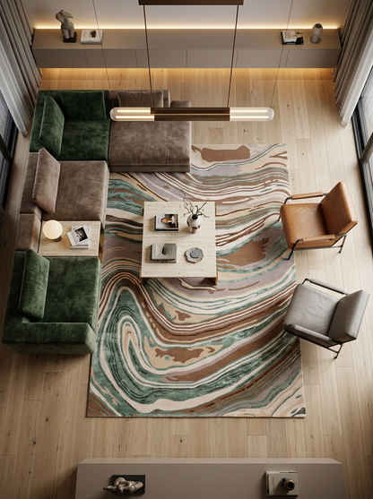 Marbel Hand Tufted Viscose + New Zealand Wool Rugs in Teal/Beige Color