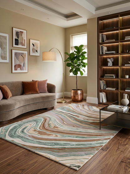 Marbel Hand Tufted Viscose + New Zealand Wool Rugs in Teal/Beige Color