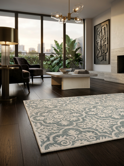 Hand Tufted Fine Wool Rugs in Denim/White Color